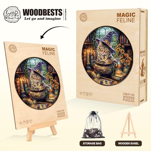 Wooden Puzzles for Adults Magic Feline Cat Jigsaw Puzzle 13.4*13.4in
