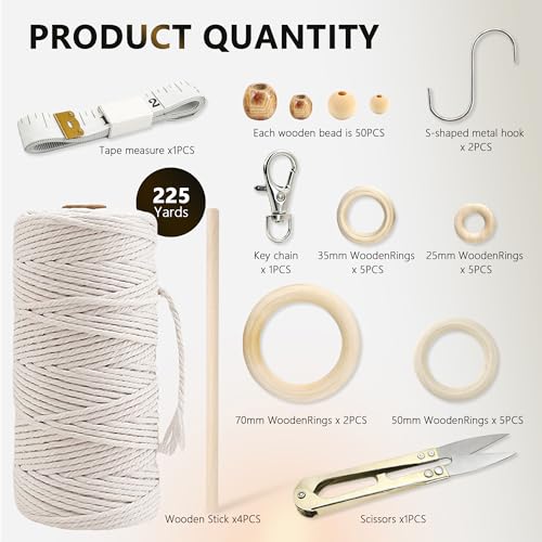 227pcs Macrame Kits 3mm 115yards Wall Hanging Natural Cotton Macrame Cord with Wooden Beads & Rings Wooden Sticks