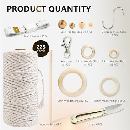 227pcs Macrame Kits 3mm 115yards Wall Hanging Natural Cotton Macrame Cord with Wooden Beads & Rings Wooden Sticks