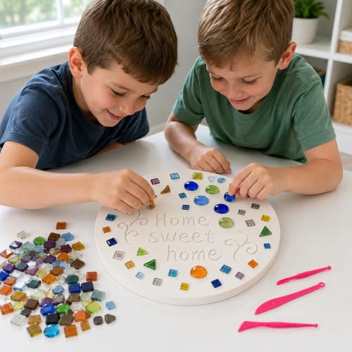 14 Pcs Round Stepping Stone Mold Kit with Mosaic Tiles and Tools for DIY