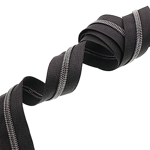 5 Black Nickel Metallic Nylon Coil Teeth Zippers by the Yard Bulk 10 Yards Black Zipper Tape with 25pcs Black Nickel Ring Pull Sliders for DIY Sewing Tailor Craft Bag