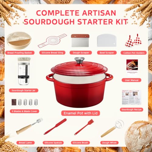 Sourdough Starter Kit with Enamel Cast Iron Pot 6.5 QT for Bread Baking