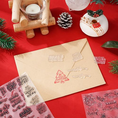 4 Sheet Christmas Words Clear Stamps Greeting Words Santa Xmas Tree Pattern Silicone Transparent Stamps Border Stamp Cards for DIY Craft Card Making Scrapbooking Embossing Album Decor (4 Count)