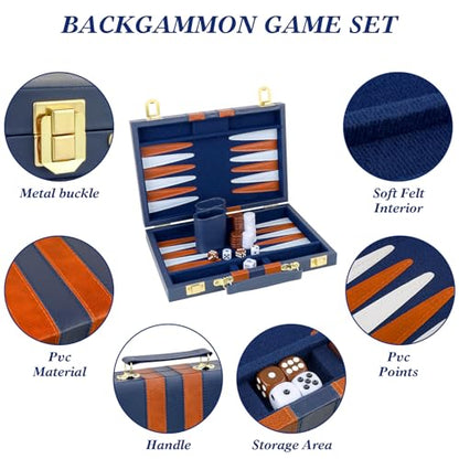 Backgammon Set 2 Players Classic Backgammon Sets for Adults Board Game with PU Leather Case Portable and Travel Backgammon Set