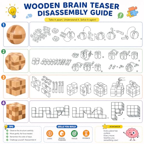 4 Pack Wooden Puzzle Brain Teasers Toy for Kids 3D Puzzles for Teens (4 Count)