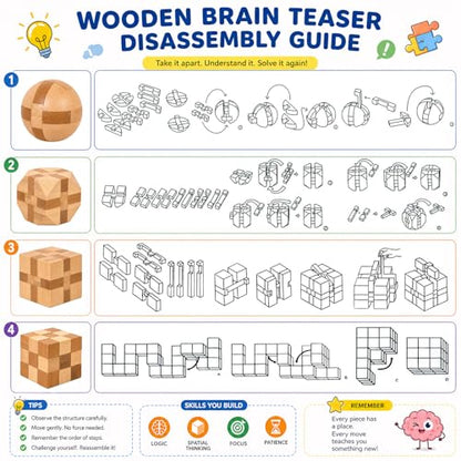 4 Pack Wooden Puzzle Brain Teasers Toy for Kids 3D Puzzles for Teens (4 Count)