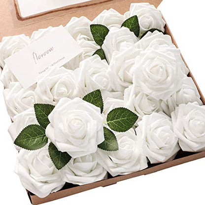 Artificial Flowers 25pcs Real Looking White Foam Fake Roses with Stems for DIY Wedding Bouquets Bridal Shower Centerpieces Floral Arrangements Party Tables Home Decorations (25 Count)