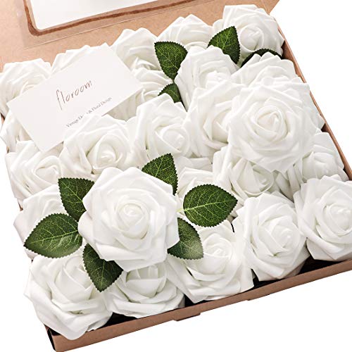 Artificial Flowers 50pcs Realistic White Foam Fake Roses with Stems for DIY Wedding Bouquets Baby Shower Centerpieces Floral Arrangements Party Tables Home Decorations (50 Count)