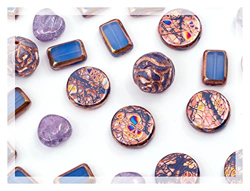 2.1oz (60g) of Glass Focal Bead Mix with Roses, Table-Cut and Cracked Czech Beads, PG Blue Copper Violet (2.1164 Ounce)