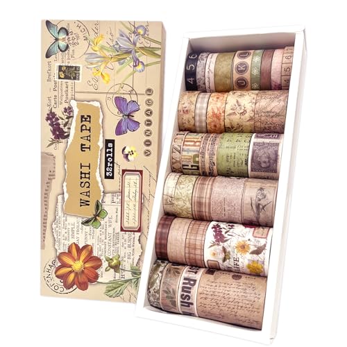 32 Rolls Vintage Rainbow Washi Tape Set Aesthetic Decorative scrapbook Tape (32 Count)