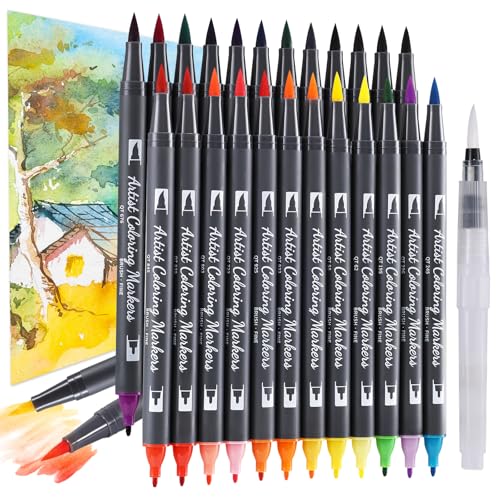 24 Colors Blendable Watercolor Markers for Adults 2026 Professional Double Tip Paint Pens with 1 Water Brush Pen Water Based Coloring Pens Drawing Markers Set with Flexible Brush Tip (24 Count)