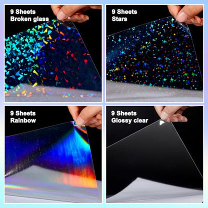 36 Sheets Holographic Sticker Paper A4 Vinyl Holographic Laminate Sheets Self Adhesive Waterproof Transparent Film (36 Count)