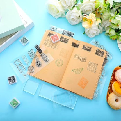 7 Pcs Vintage Rubber Clear Stamps Set 4 Sheet Transparent Postage Silicone Stamps 3 Pcs Acrylic Stamp Block Tools with Grid Lines Rubber Craft Supplies for DIY Scrapbooking Journaling