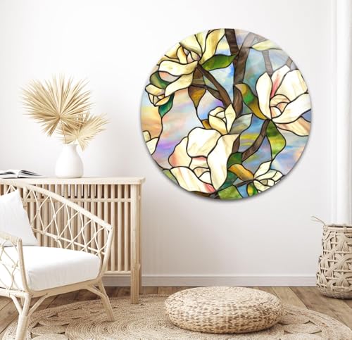 Round 24'' Stained Magnolia Glass Wall Art Tempered Glass Printing Wall Decor Large Wall Art Wall Hangings