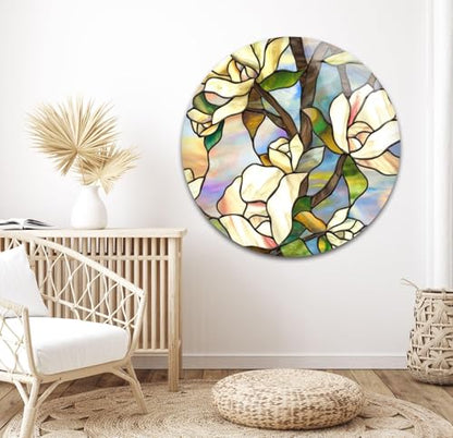 Round 24'' Stained Magnolia Glass Wall Art Tempered Glass Printing Wall Decor Large Wall Art Wall Hangings
