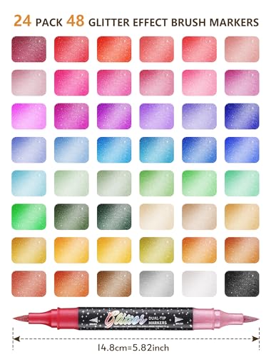 48 Colors 24 Pack Glitter Markers Pens Sparkle Markers Dual Brush Tip (24 Count)