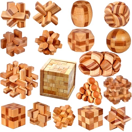 18 Pack Wooden Brain Teaser Puzzles Stress Relief Toys Wooden Burr Puzzles Brain Teaser Puzzle with Gift Packing Box Magic Puzzle Games Toy for Kids and Adults by AHYUAN (18 Count)