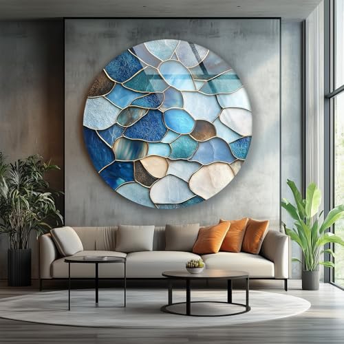 31.5''(80cm) Diameter Coastal Blue Stone Mosaic Round Glass Wall Art Tempered Glass Printing Wall Decor Large Wall Art Wall Hangings