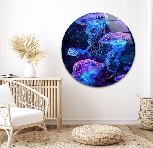 Round 31 5'' Glowing Jellyfish Glass Wall Art Tempered Glass Printing Wall Decor Large Wall Art Wall Hangings