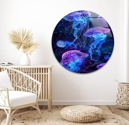 Round 31 5'' Glowing Jellyfish Glass Wall Art Tempered Glass Printing Wall Decor Large Wall Art Wall Hangings