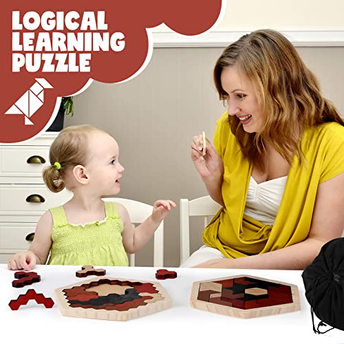 3 Pack Large Hexagon Tangram Puzzle Wooden Brain Puzzles for Adult Challenge Wood Russian Blocks Brain Teasers Geometric Jigsaw Block Logic Iq Stem Family Graduation Gifts (3 Count)