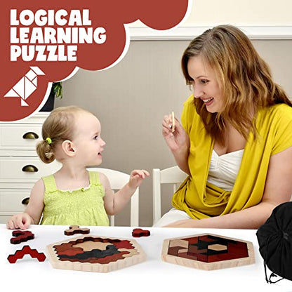 3 Pack Large Hexagon Tangram Puzzle Wooden Brain Puzzles for Adult Challenge Wood Russian Blocks Brain Teasers Geometric Jigsaw Block Logic Iq Stem Family Graduation Gifts (3 Count)