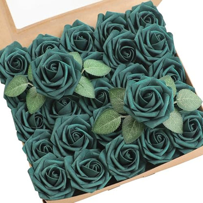 Artificial Flowers 25pcs Real Looking Peacock Green Foam Fake Roses with Stems for DIY Wedding Bouquets Bridal Shower Centerpieces Floral Arrangements Party Tables Home Decorations (25 Count)
