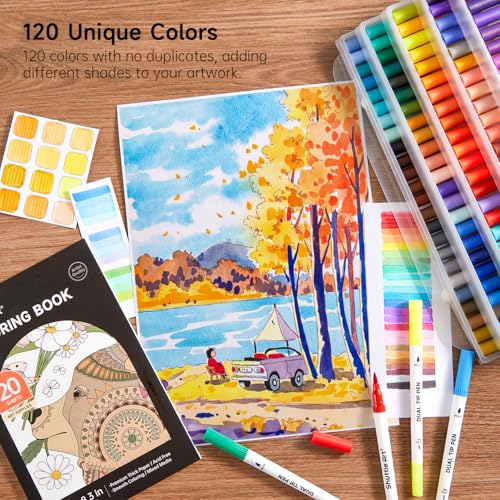 120 Colors Dual Tip Brush Marker Pens with 1 Coloring Book (120 Count)