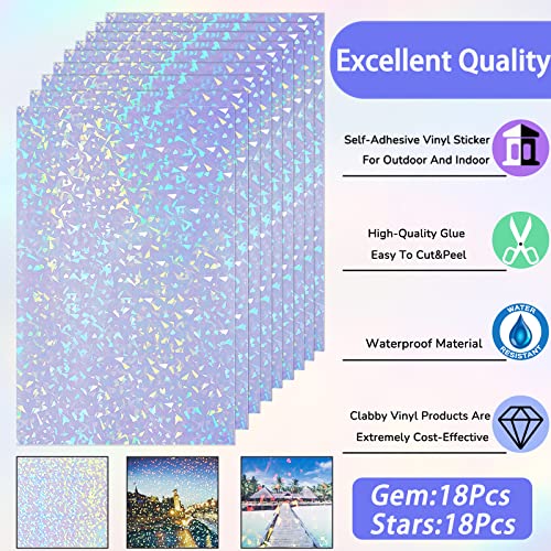 36 Sheets Holographic Sticker Paper A4 Vinyl Holographic Laminate Sheets Self Adhesive Waterproof Transparent Film