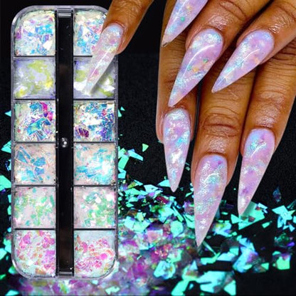 12 Colors Holographic Glitter Nail Art Sequins Aurora Iridescent Nail Flakes Glitter Chameleon Flakes Irregular Ice Slag Glass Paper Ultra Thin Mermaid Nail Glitter for Nail Art Make