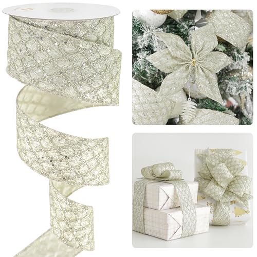 Glitter Champagne Wired Christmas Ribbon 2.5 inch x 10 Yards (30 Foot)