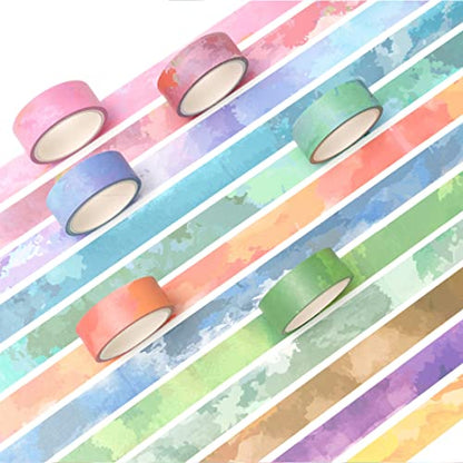 Watercolors Washi Tape Set 12 Rolls Pastel Colors Masking Macaron Graphic Decorative Tapes for Arts (196.8 Foot)