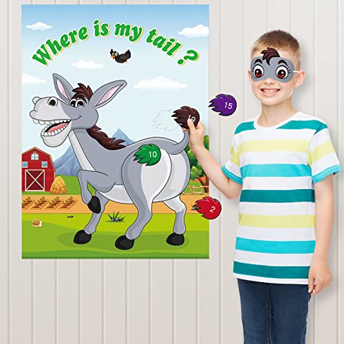 Pin The Tail on The Donkey Game with 30 Tail Stickers for Birthday Party Carnival Circus Supplies