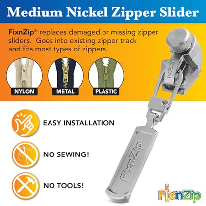Medium, Nickel) - See Size Guide - Universal Zipper Repair Kit for Jackets, Luggage, Bags - Backpack Zipper Replacement Repair Kit - Instant Zipper Fix