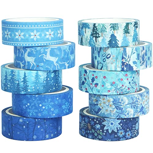 10 Rolls Four Seasons Washi Tape Set Blue Snowflake Masking Decorative Tapes (10 Count)