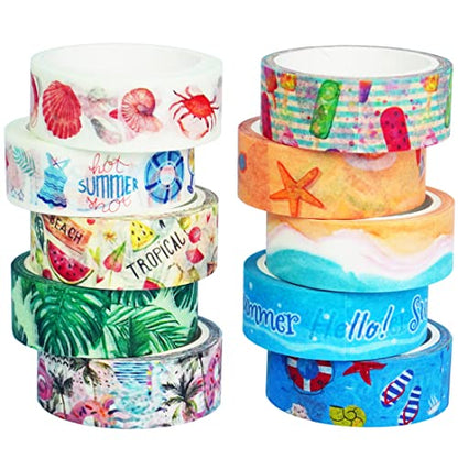 10 Rolls Four Seasons Washi Tape Set Beach Ice Cream Masking Decorative Tapes (10 Count)