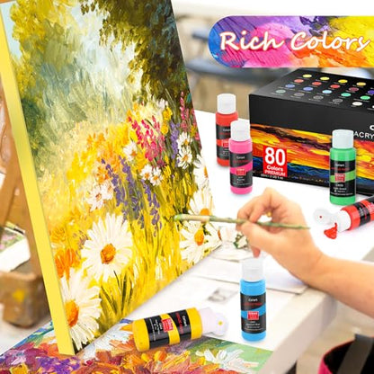 80 Colors Acrylic Paint Set with 12 Brushes (160 Fl Oz)