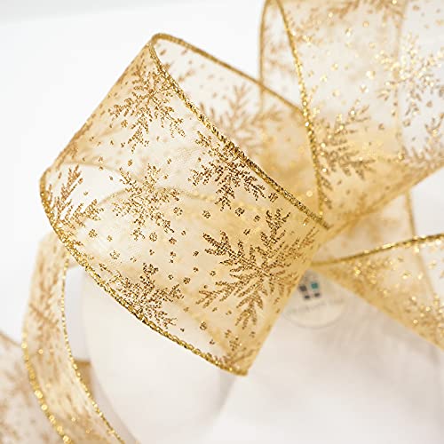 Organza with Gold Glitter Snowflakes Wired Ribbon 2.5 inch x 50 Yards for Christmas Home Decor Tree Topper Bow Gift Wrapping DIY Crafts Wreath Garland Wedding (150 Foot)