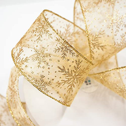 Organza with Gold Glitter Snowflakes Wired Ribbon 2.5 inch x 50 Yards for Christmas Home Decor Tree Topper Bow Gift Wrapping DIY Crafts Wreath Garland Wedding (150 Foot)