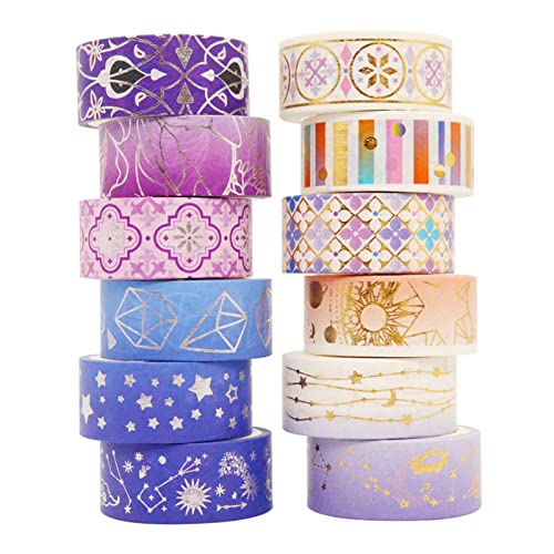 12 Rolls Galaxy Washi Tape Set Bronzing Starry Night Decorative Masking Tape for Scrapbooking (12 Count)
