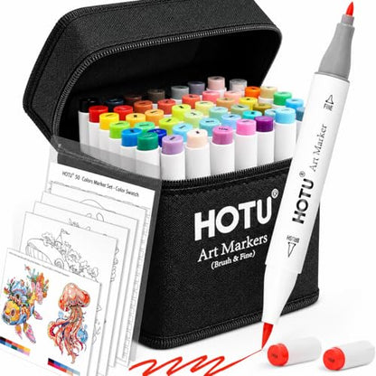 50 Colors Alcohol Markers Brush Tip and Fine (50 Count)