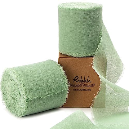 Sage Green Chiffon Ribbon 2 Inch x 20 Yard Handmade Fringe Chiffon Silk Ribbon Sage Ribbon for Gifts Wrapping (60 Foot)