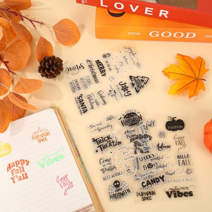 4 Sheets Holiday Clear Stamps Fall Halloween Christmas Nativity Scene Greeting Words Silicone Transparent Stamps for Autumn DIY Craft Card Making Scrapbooking Embossing Album Decor (4 Count)