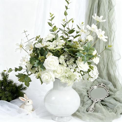Artificial Flowers Foam Fake Roses 25pcs White Roses with Stems for Home Decor DIY Wedding Bouquets Party Bridal Shower Centerpieces Faux Flower Arrangements Tables Decorations (25 Count)