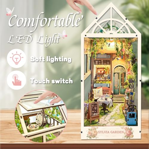 LED Garden Book Nook Kit DIY Miniature Dollhouse 3D Puzzle Wooden Bookshelf Room Decoration