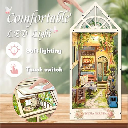 LED Garden Book Nook Kit DIY Miniature Dollhouse 3D Puzzle Wooden Bookshelf Room Decoration