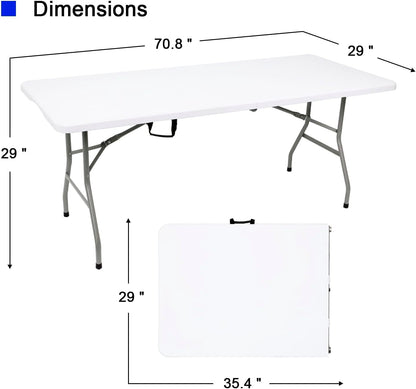 2 PCS 70.8" W X 29" D X 29" H - 6 ft White Folding Table White Portable Heavy Duty Plastic Fold-in-Half Utility Foldable Table for Camp，Picnic & Party