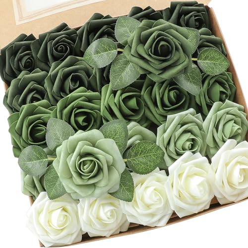 Artificial Flowers 25pcs Real Looking Forest Green Ombre Colors Foam Fake Roses with Stems for DIY Wedding Bouquets Bridal Shower Centerpieces Sage Green Floral Arrangements Decorations (25 Count)