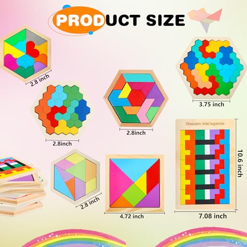 7 Pack Wooden Tangrams Puzzle Set Wooden Hexagon Puzzles Wood Russian Blocks Geometric Block Brain Teaser for Kids Adults 3D Logic Intelligence IQ Game Gift (7 Count)