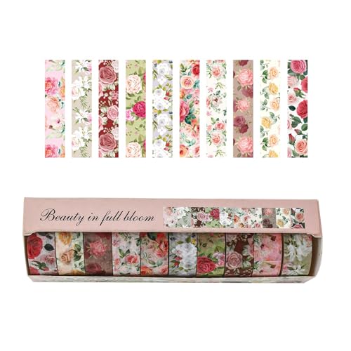 10 Rolls Blooming Flowers Washi Tape Set Floral Arts Adhesive Tapes Colorful Garden Decorative Masking Tape Sets for Craft (10 Count)